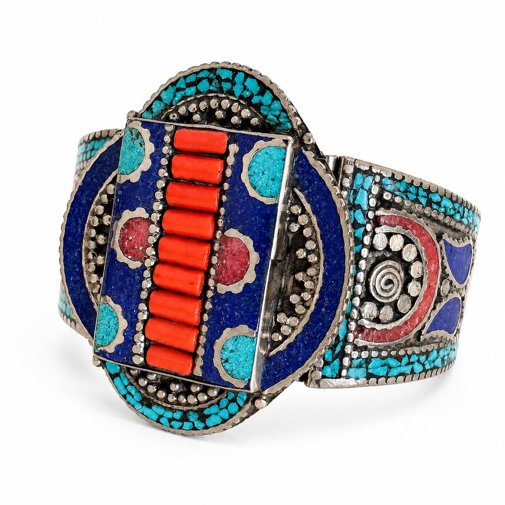 Tibetan Silver Nepalese Bangle Bracelet With Turquoise Coral & Lapis Lazul Inlay